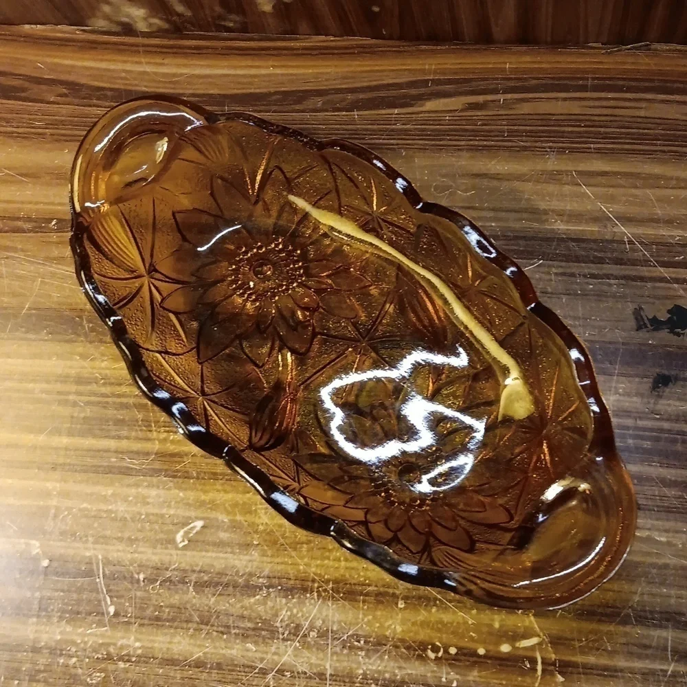 Vtg Indiana Carnival Glass relish dish sunflower marigold 1960s